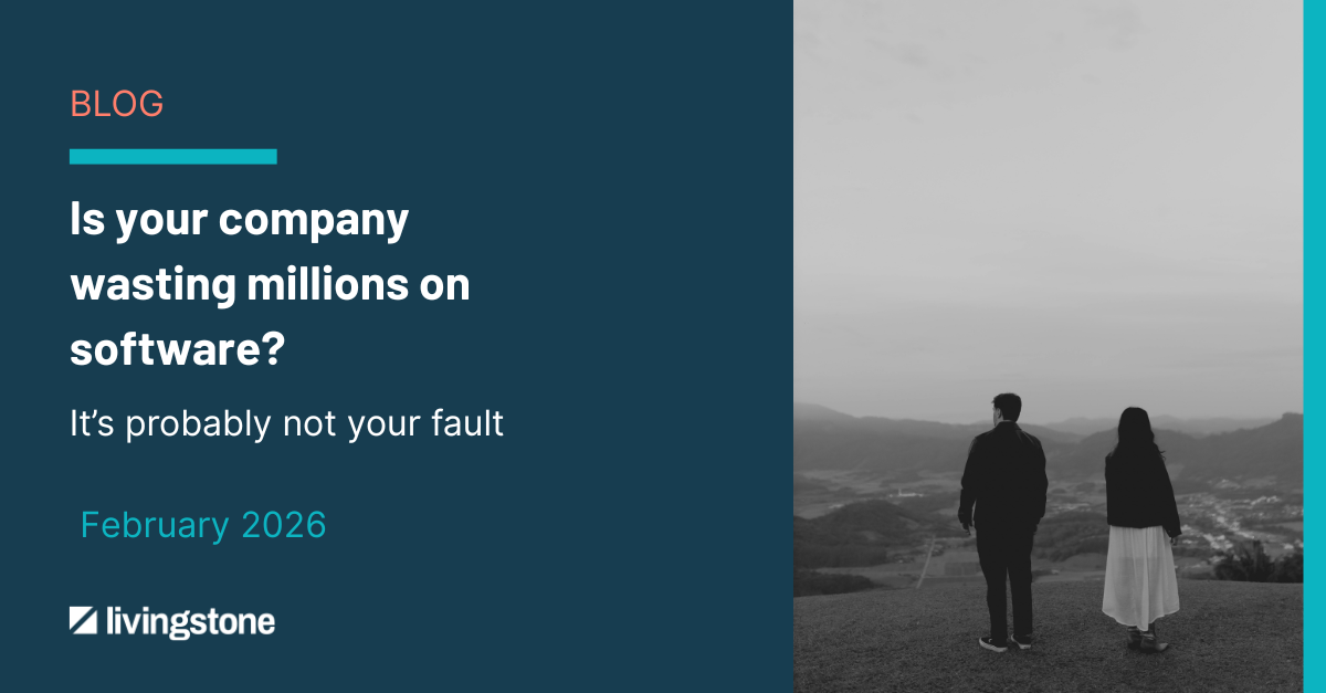 Two people back to back on a mountain with text of Is your company wasting millions on software. 